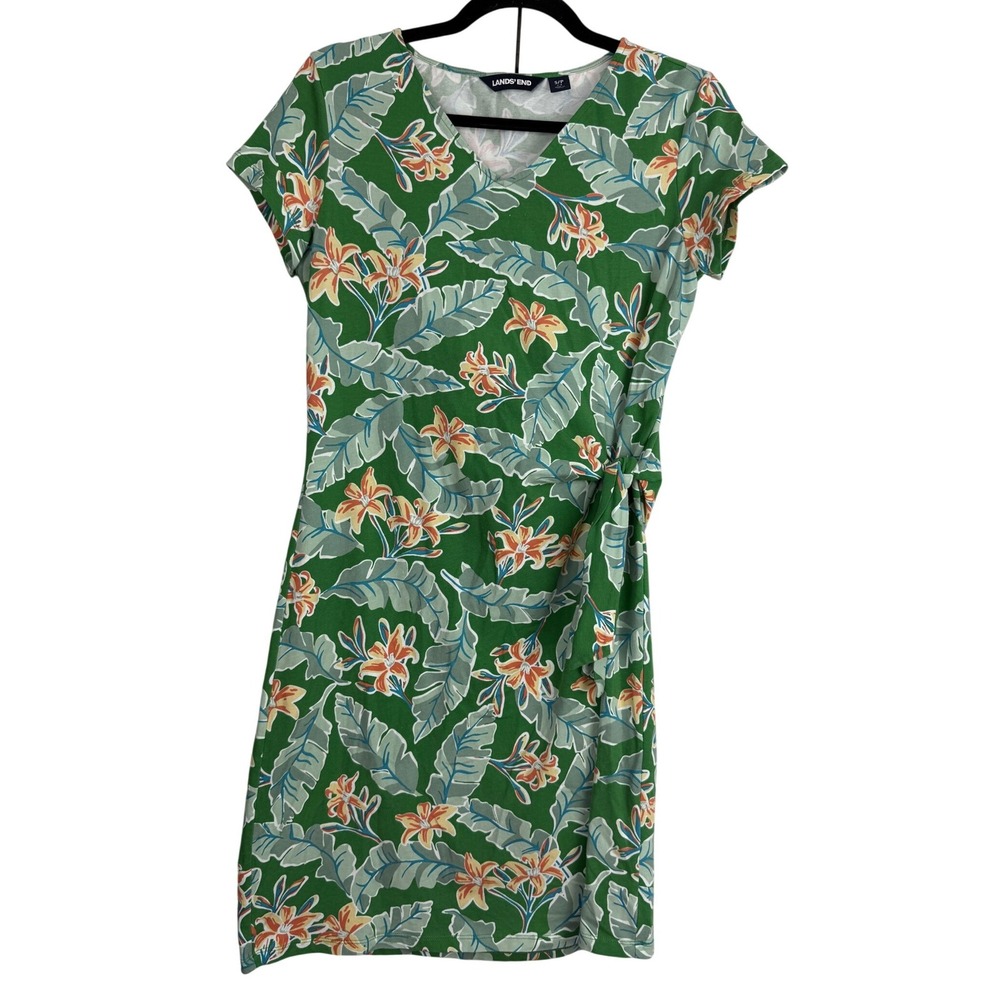 Lands End Green Tropical Palm Floral V-Neck Side Tie Sheath Dress Small‎ 6 8